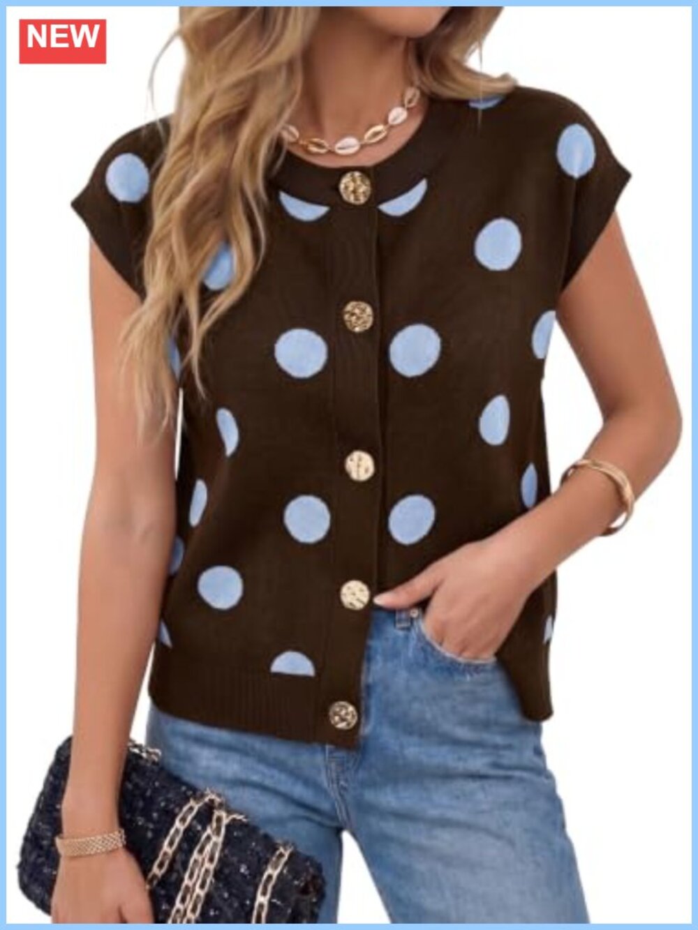 Dokotoo Womens Ribbed Knit Sweater Vest Button Down Polka Dot Tank Top